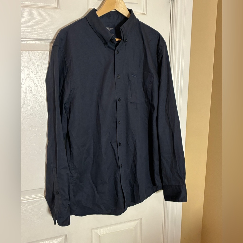 Dockers Men’s Dark Navy Button-Down Shirt 100% Cotton Stain Defender L